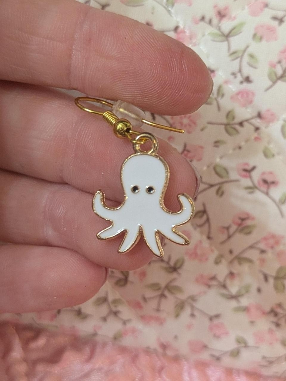 White Octopus Dangle Earrings - Gold Trim